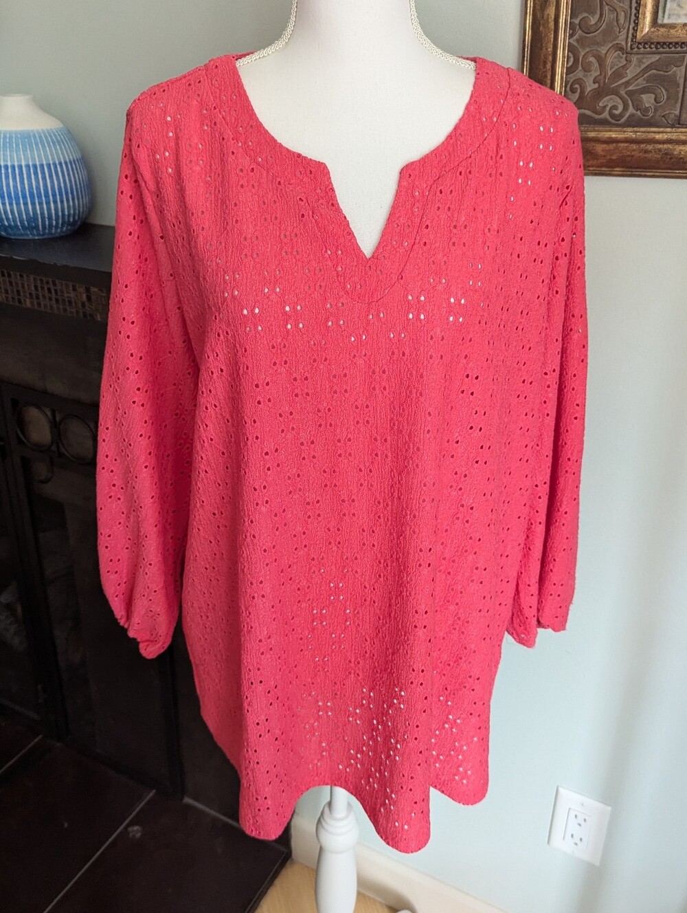 Susan Graver Passport Women's 1X Knit Eyelet 3/4 Sleeve Top Paradise Pink